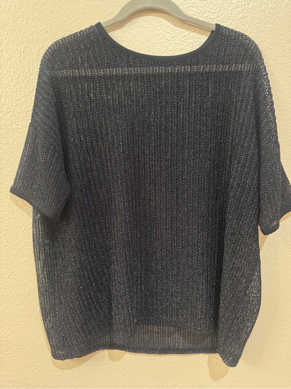 Black Shimmer Open Knit Sweater Top L/XL Oversized Sheer Short Sleeve